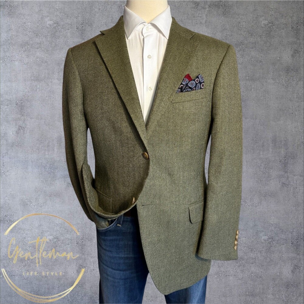 LANDS END Mens Blazer Sport Coat 2 Btn Jacket 44R Tweed Wool Herringbone Green